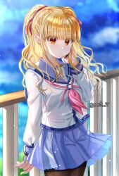 Rule 34 | 1girl, angel beats!, arm at side, black pantyhose, blonde hair, blue sailor collar, blue skirt, blunt bangs, commentary request, commission, cowboy shot, earpiece, expressionless, eyelashes, eyes visible through hair, fence, floating hair, hair ribbon, hand up, highres, light particles, long hair, long sleeves, looking at viewer, miniskirt, neckerchief, orange eyes, outdoors, pantyhose, parted lips, pink neckerchief, pleated skirt, red ribbon, ribbon, sailor collar, shinda sekai sensen uniform, shirt, sidelighting, sidelocks, skeb commission, skirt, solo, standing, twitter username, two side up, wavy hair, white shirt, yusa (angel beats!), zuzuhashi