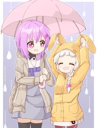 Rule 34 | 2girls, a.i. voice, animal hood, arms up, black legwear, blue dress, blunt ends, braid, closed eyes, coat, dress, hair ornament, happy, height difference, highres, holding, holding umbrella, hood, hood up, hooded coat, jacket, kizuna akari, kizuna akari (tsubomi), looking at another, medium hair, multiple girls, ne (dreamyee), open mouth, pantyhose, pink eyes, pink hair, pink umbrella, rabbit hood, raincoat, red legwear, side braid, simple background, single braid, smile, standing, sweater, thick eyebrows, thighhighs, umbrella, voiceroid, water drop, white hair, yellow raincoat, yuzuki yukari, yuzuki yukari (shizuku)