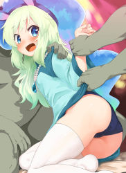 Rule 34 | 10s, 1girl, arm grab, ass, black thighhighs, blue eyes, blush, clothes lift, dress, dress lift, green hair, hat, hota, jewelry, corriente (show by rock!!), long hair, necklace, open mouth, show by rock!!, sitting, solo, solo focus, thighhighs, white thighhighs