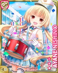 Rule 34 | 1girl, banner, blonde hair, blue ribbon, card, character name, confetti, day, dress, drum, drumsticks, girlfriend (kari), hat, holding, instrument, kneeling, marching, marching band, nishino ayane, official art, open mouth, outdoors, qp:flapper, red eyes, ribbon, school, sidewalk, smile, solo, tagme, twintails, white dress, white legwear