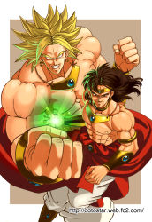 Rule 34 | 2boys, black eyes, black hair, bracer, broly (dragon ball z), clenched hands, collar, commentary request, dragon ball, dragonball z, dual persona, ear piercing, earrings, energy, green hair, grin, highres, hoshikawa akira, incoming attack, jewelry, legendary super saiyan, looking at viewer, male focus, multiple boys, muscular, muscular male, no pupils, piercing, smile, super saiyan, tiara