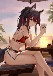 Rule 34 | 1girl, alternate costume, animal ear fluff, animal ears, arknights, arm strap, armband, bare legs, bare shoulders, belt, bikini, black hair, black nails, breasts, cake, cake slice, cleavage, colored inner hair, commentary request, crossed legs, cup, disposable cup, earrings, evening, extra ears, feet out of frame, food, front-tie bikini top, front-tie top, gradient hair, gradient sky, halterneck, highleg, highleg bikini, highres, holding, holding cup, horizon, jewelry, large breasts, long hair, looking at viewer, medium breasts, miniskirt, multi-strapped bikini, multicolored hair, nail polish, navel, orange eyes, outdoors, palm tree, ponytail, red bikini, red hair, ru zhai, see-through, side slit, sidelocks, sitting, skindentation, skirt, sky, solo, stomach, string bikini, sunlight, sunset, swimsuit, table, tail, texas (arknights), thighs, tree, white skirt, wolf ears, wolf girl, wolf tail, wooden table