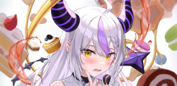 Rule 34 | 1girl, ahoge, blush, braid, cake, close-up, cupcake, demon girl, demon horns, eating, fangs, finger to cheek, food, fork, grey hair, highres, hololive, horns, index finger raised, la+ darknesss, loloco, long hair, looking at viewer, multicolored hair, open mouth, pointy ears, purple hair, sidelocks, solo, star (symbol), streaked hair, striped horns, virtual youtuber, yellow eyes