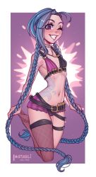 Rule 34 | 1girl, absurdres, arm tattoo, artist name, bikini, bikini top only, blue hair, braid, breasts, bullet necklace, cloud tattoo, full body, grin, highres, holding, holding hair, jinx (league of legends), league of legends, long hair, no shoes, one eye closed, pink shorts, purple eyes, purple nails, short shorts, shorts, single thighhigh, small breasts, smile, solo, starli (starlianechan), swimsuit, tattoo, thighhighs, twin braids, very long hair