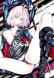 Rule 34 | 1girl, ahoge, arms up, black dress, black footwear, black panties, blue coat, boots, breasts, cleavage, coat, collarbone, commentary request, covered erect nipples, dress, fate/grand order, fate (series), full-length zipper, fur-trimmed coat, fur-trimmed sleeves, fur collar, fur trim, jacket, jeanne d&#039;arc (fate), jeanne d&#039;arc alter (fate), jeanne d&#039;arc alter (ver. shinjuku 1999) (fate), jewelry, knee boots, long sleeves, looking at viewer, marker (medium), medium breasts, necklace, official alternate costume, open clothes, open coat, open jacket, panties, short dress, short hair, simple background, smile, solo, spread legs, squatting, thighs, traditional media, underwear, water, wicked dragon witch ver. shinjuku 1999, yellow eyes, yqgkg, zipper