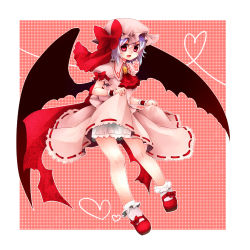 Rule 34 | 1girl, bad id, bad pixiv id, bat wings, blue hair, bobby socks, bow, brooch, clothes lift, dress, dress lift, fang, female focus, hat, hat ribbon, heart, heart of string, jewelry, mary janes, open mouth, red eyes, remilia scarlet, ribbon, shoes, short hair, smile, socks, solo, touhou, wings, wrist cuffs, yutazou