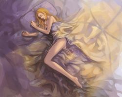 Rule 34 | 1girl, bed sheet, blonde hair, claymore (series), legs, long hair, lying, naked sheet, nephy, on side, pillow, sleeping, solo, teresa (claymore), thighs