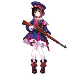 Rule 34 | 1girl, armband, black hair, blue dress, blue hat, bob cut, boots, breasts, brown bag, brown footwear, cherry blossom print, chest harness, closed mouth, collarbone, dress, floral print, full body, fuzichoco, girls&#039; frontline, gloves, gradient hair, green eyes, gun, guntou, harness, hat, holding, holding gun, holding weapon, light blush, long sleeves, looking at viewer, medium breasts, military, military hat, military uniform, multicolored hair, neckerchief, official art, pantyhose, pouch, print pantyhose, purple hair, red armband, red neckerchief, sailor collar, sheath, sheathed, short hair, simple background, solo, standing, sword, thigh pouch, transparent background, type 4 (girls&#039; frontline), type 4 rifle, uniform, v-shaped eyebrows, weapon, white gloves, white pantyhose