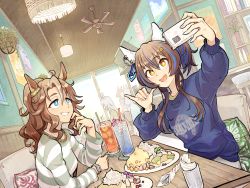 Rule 34 | 2girls, animal ears, blonde hair, blue eyes, blue hair, blue sweater, bright pupils, brown hair, ceiling fan, ceiling light, chair, cup, daitaku helios (umamusume), drinking straw, dutch angle, ear covers, elbows on table, fang, food, fork, grin, hair ornament, hairclip, highres, holding, holding phone, horse ears, horse girl, indoors, jewelry, knife, long sleeves, mejiro palmer (umamusume), multicolored hair, multiple girls, napkin, necklace, open mouth, outstretched arm, people, phone, pillow, plant, ponytail, poster (object), potted plant, restaurant, selfie, shaka sign, shirt, sitting, smile, striped clothes, striped shirt, sweater, table, two-tone hair, umamusume, watch, white pupils, wristwatch, yoshidanoe