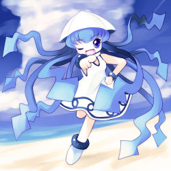 Rule 34 | 1girl, beach, blue eyes, blue hair, day, flat chest, hand on own hip, highres, ikamusume, matching hair/eyes, one eye closed, open mouth, pointing, pointing at viewer, shinryaku! ikamusume, solo, tentacles, tentacle hair, yume shokunin