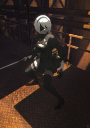 Rule 34 | 1girl, absurdres, black blindfold, black dress, black hairband, blindfold, boots, breasts, cleavage, cleavage cutout, clothing cutout, dress, feather-trimmed sleeves, gloves, hairband, high heel boots, high heels, highres, holding, holding sword, holding weapon, indoors, juliet sleeves, katana, long sleeves, medium breasts, mole, mole under mouth, nier:automata, nier (series), pinoj0214, puffy sleeves, railing, short hair, solo, sword, thigh boots, thighhighs, thighhighs under boots, weapon, white hair, 2b (nier:automata)