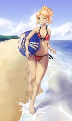 Rule 34 | 1girl, absurdres, barefoot, beach, bikini, blue sky, blush, bracelet, breasts, buruma, cloud, collarbone, fate/grand order, fate (series), female focus, footprints, forest, full body, green eyes, groin, hair ornament, hair scrunchie, halterneck, highres, horizon, jewelry, lighthouse, looking to the side, mordred (fate), mordred (fate) (all), mordred (fate/apocrypha), mordred (swimsuit rider) (fate), mordred (swimsuit rider) (first ascension) (fate), nature, ocean, open mouth, outdoors, ponytail, prydwen (fate), red bikini, red scrunchie, sand, scrunchie, shore, sky, small breasts, solo, splashing, swimsuit, thigh gap, warmcummies, water