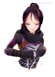 Rule 34 | 1girl, absurdres, animification, anzu (x anzu ill), apex legends, black bodysuit, black gloves, black hair, black scarf, bodysuit, breasts, frown, gloves, hair bun, highres, holding, holding knife, knife, kunai, large forehead, looking at viewer, medium breasts, purple eyes, scarf, signature, single hair bun, solo, twitter username, weapon, white background, wraith&#039;s kunai, wraith (apex legends)