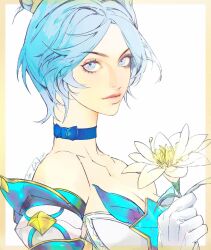 Rule 34 | 1girl, blue brooch, blue eyes, blue hair, border, breasts, cleavage, collarbone, detached sleeves, flower, gloves, highres, holding, holding flower, jian tai (cuoyu0), league of legends, looking at viewer, medium breasts, official alternate costume, official alternate hairstyle, orange border, orianna (league of legends), parted bangs, parted lips, short hair, simple background, solo, star guardian (league of legends), star guardian orianna, upper body, white background, white flower, white gloves