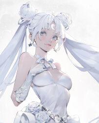 Rule 34 | 1girl, absurdres, ahoge, bare shoulders, belt, bishoujo senshi sailor moon, blue eyes, blush, bow, choker, close-up, closed mouth, crescent, crescent facial mark, double bun, dress, earrings, elbow gloves, facial mark, flower, forehead mark, frilled dress, frills, gloves, hair bun, hand on own chest, highres, jewelry, jung wonjo, long hair, magical girl, necktie, parted bangs, pink lips, pleated dress, ribbon, rose, sailor cosmos, sailor moon, short dress, sidelocks, sleeveless, sleeveless dress, smile, solo, star (symbol), star earrings, tsukino usagi, twintails, upper body, very long hair, white belt, white bow, white choker, white dress, white flower, white gloves, white necktie, white ribbon, white rose