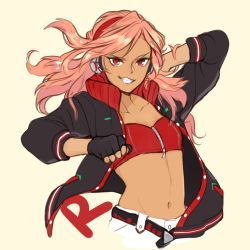 Rule 34 | 1girl, arm behind head, belt, black gloves, brella, clenched hand, crop top, eyeshadow, fingerless gloves, gloves, grin, headphones, jacket, long hair, looking at viewer, makeup, midriff, navel, open clothes, open jacket, pink hair, red eyes, ruby (vocaloid), simple background, smile, solo, tan, track jacket, vocaloid