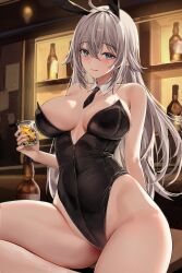 Rule 34 | 1girl, absurdres, animal ears, bare shoulders, black leotard, blue eyes, blush, breasts, cup, detached collar, fake animal ears, grey hair, highres, holding, holding cup, large breasts, leotard, lillly, long hair, looking at viewer, necktie, original, playboy bunny, rabbit ears, smile, solo, strapless, strapless leotard, thighs, very long hair