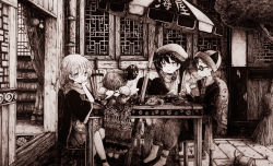 Rule 34 | 2boys, 2girls, absurdres, closed mouth, couch, facing away, greyscale, hat, high heels, highres, indoors, looking at another, monochrome, multiple boys, multiple girls, original, parted lips, scarf, scenery, short hair, sitting, translation request, umbrella, usio ueda