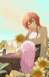 Rule 34 | 2girls, absurdres, bocchi the rock!, cube hair ornament, flower, flower field, gotoh hitori, green eyes, hair between eyes, hair ornament, highres, kita ikuyo, multiple girls, outdoors, parted lips, pink hair, red hair, sunflower, sunflower field, user rtvp7435, yuri