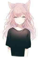 Rule 34 | 1girl, animal ear fluff, animal ears, black skirt, blush, brown hair, closed mouth, cropped torso, grey eyes, long hair, looking at viewer, lpip, original, short sleeves, simple background, skirt, solo, upper body, white background