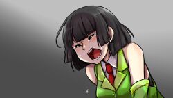Rule 34 | 1girl, bare shoulders, black hair, blunt bangs, blunt ends, closed eyes, collared shirt, commentary, crying, detached sleeves, furrowed brow, gradient background, green jacket, green sleeves, grey background, highres, jacket, kyoumachi seika, light blush, necktie, no headwear, open mouth, red necktie, shirt, short hair, sleeveless blazer, solo, sora-doufu, upper body, v-shaped eyebrows, voiceroid, white shirt