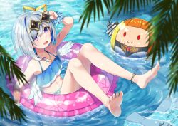Rule 34 | 1girl, amane kanata, angel wings, anklet, bare legs, barefoot, bikini, blue bikini, blush, commentary request, day, eyes visible through hair, full body, halo, halterneck, highres, hololive, hototogisu (hot to gis), innertube, jewelry, kiryu coco, looking at viewer, navel, necklace, open mouth, outdoors, palm leaf, pp tenshi t-shirt, purple eyes, scrunchie, short hair, silver hair, smile, solo, star-shaped eyewear, star (symbol), star halo, sunglasses, swim ring, swimsuit, unworn shirt, virtual youtuber, water, wet, wings, wrist scrunchie