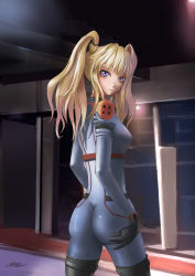 Rule 34 | 1girl, ass, black gloves, blue eyes, bodysuit, boots, breasts, code geass, code geass: boukoku no akito, covered navel, expressionless, female focus, gloves, hair ornament, highres, leila malcal, light brown hair, long hair, looking at viewer, pilot suit, ren2211, sideboob, skin tight, solo, standing, thigh boots, thighhighs, twintails