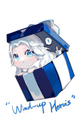 Rule 34 | !, 1girl, :o, blue eyes, box, braid, chibi, chinese commentary, commentary request, english text, final fantasy, final fantasy xiv, full body, gift, gift box, half updo, heichuan mocha naigaita, highres, in box, in container, looking at viewer, mini person, minigirl, mixed-language commentary, open mouth, peeking out, rabbit, simple background, single braid, solo, speech bubble, spoken exclamation mark, title, title page, venat (ff14), white background, white hair