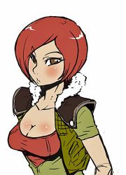 Rule 34 | 1girl, borderlands (series), breasts, female focus, jacket, lilith (borderlands), red hair, short hair, simple background, solo, strapless, tattoo, tube top, white background