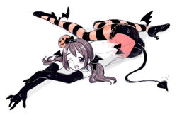 Rule 34 | 1girl, ;d, ankle wings, axis powers hetalia, bad id, bad pixiv id, bare back, bat wings, black gloves, blush, bow, brown eyes, brown hair, demon tail, elbow gloves, fang, food-themed hair ornament, full body, gloves, hair ornament, halloween, head wings, high heels, jack-o&#039;-lantern, long hair, lying, nantoka (yamakawa), one eye closed, open mouth, pantyhose, pumpkin hair ornament, seychelles (hetalia), simple background, smile, solo, spider web print, star (symbol), striped clothes, striped pantyhose, tail, tail wagging, twintails, white background, wings