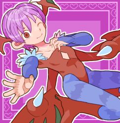 Rule 34 | 1girl, ;), bat wings, blue pantyhose, boots, breasts, bridal gauntlets, cleavage, demon girl, diamond cutout, hair between eyes, head wings, knee boots, leotard, lilith aensland, one eye closed, outline, pantyhose, purple hair, red eyes, red footwear, red leotard, short hair, sicky (pit-bull), small breasts, smile, solo, split mouth, vampire (game), white outline, wings