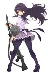 Rule 34 | 10s, 1girl, akemi homura, amulet, ass, assault rifle, bayonet, black pantyhose, boots, bow, closed eyes, floating hair, gun, gun sling, hairband, high heels, highres, howa type 89, legs apart, long hair, looking back, magical girl, mahou shoujo madoka magica, mahou shoujo madoka magica (anime), one eye closed, pantyhose, purple eyes, purple hair, ribbon, rifle, shield, shoes, skirt, thigh boots, thighhighs, toshi (little-fluffy-cloud), weapon, wide stance, wink