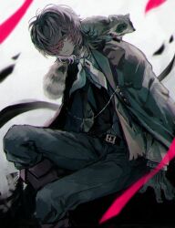 Rule 34 | 1boy, animal, animal on shoulder, black gloves, black pants, black vest, brown cape, brown shirt, bungou stray dogs, cape, closed mouth, edgar allan poe (bungou stray dogs), fuji den fujiko, gloves, green eyes, highres, long sleeves, looking at viewer, male focus, neckerchief, pants, raccoon, shirt, sitting, solo, vest, white background, white neckerchief