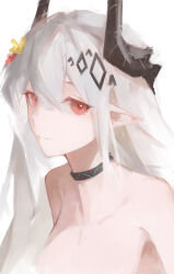 Rule 34 | 1girl, arknights, bare shoulders, black choker, choker, commentary request, highres, horns, lch, looking at viewer, mudrock (arknights), pointy ears, red eyes, solo, upper body, white hair