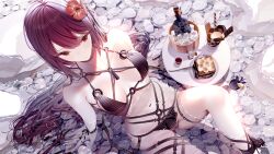 Rule 34 | 1girl, atha (leejuiping), bare shoulders, bikini, bottle, bread slice, breasts, chocolate, closed mouth, collarbone, cup, flower, food, fork, fruit, hair flower, hair ornament, highres, knife, lemon, lemon slice, long hair, looking at viewer, navel, original, partially submerged, pebble, plate, purple hair, red flower, revealing clothes, small breasts, solo, swimsuit, toast, very long hair, wine bottle