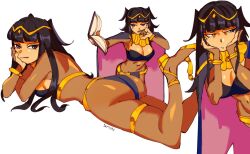Rule 34 | 1girl, 3amsoda, ass, black cape, black hair, bodystocking, book, breasts, cape, circlet, cleavage, fire emblem, fire emblem awakening, gold footwear, gold trim, high heels, highres, holding, holding book, large breasts, looking at viewer, lying, multiple views, nintendo, on back, simple background, solo, tharja (fire emblem), white background
