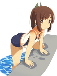Rule 34 | 10s, 1girl, ass, blush stickers, brown eyes, brown hair, i-401 (kancolle), kantai collection, kugui kiyunemu, leaning forward, one-piece swimsuit, ponytail, school swimsuit, short hair, short ponytail, solo, swimsuit, swimsuit under clothes, wet, wet clothes