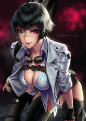 Rule 34 | 1girl, bazooka, black gloves, black hair, breasts, chaps, cian yo, cleavage, commentary, devil may cry (series), devil may cry 5, electronic firearm, fingerless gloves, gloves, goggles, goggles around neck, green eyes, heterochromia, highres, jacket, kalina ann (weapon), lady (devil may cry), large breasts, leaning forward, looking at viewer, m20 super bazooka, man-portable anti-tank systems, medium breasts, over shoulder, parted lips, red eyes, rocket launcher, scar, short hair, short shorts, shorts, smile, solo, strap, sweat, weapon, weapon over shoulder, white jacket