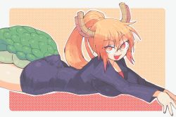 Rule 34 | alternate costume, alternate hairstyle, bespectacled, black skirt, blonde hair, blouse, border, dragon girl, dragon tail, fang, formal, from side, glasses, gradient background, grey border, inkerton-kun, kobayashi-san chi no maidragon, long hair, lying, office lady, on stomach, open mouth, orange background, orange eyes, orange hair, pencil skirt, ponytail, red background, red shirt, scales, shirt, skirt, skirt suit, slit pupils, solo, suit, tail, tohru (maidragon)