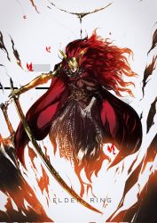 Rule 34 | 1girl, armor, cloak, covered eyes, elden ring, full body, helmet, highres, holding, holding sword, holding weapon, kubaushi, long hair, looking at viewer, malenia blade of miquella, mechanical arms, prosthesis, prosthetic arm, red cloak, red hair, single mechanical arm, solo, sword, very long hair, weapon, white background, winged helmet