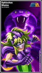 Rule 34 | 00s, 1girl, 80s, armor, breast armor, breasts, claws, curvy, fingernails, green hair, large breasts, long fingernails, mask, official art, oldschool, ophiuchus shaina, saint seiya, snake, solo