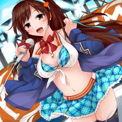 Rule 34 | 10s, 1girl, blush, bra, breasts, brown eyes, brown hair, cleavage, clothes lift, front-tie top, headset, highres, idolmaster, idolmaster cinderella girls, jacket, large breasts, long hair, microphone, midriff, minami machi, navel, nitta minami, open clothes, open mouth, shiny skin, shirt, skirt, skirt lift, smile, solo, sweat, thighhighs, tied shirt, underwear, wind, wind lift