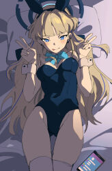 Rule 34 | 1girl, absurdres, animal ears, bare shoulders, bed, blonde hair, blue archive, blue eyes, blush, bow, bowtie, breasts, cellphone, cleavage, closed mouth, covered navel, detached collar, double v, earrings, fake animal ears, feet out of frame, gluteal fold, groin, hairband, halo, highres, jewelry, long hair, looking at viewer, lying, medium breasts, meka aoratos, on back, on bed, phone, pillow, rabbit ears, sketch, smartphone, smile, solo, stud earrings, thighhighs, toki (blue archive), toki (bunny) (blue archive), tongue, tongue out, v, white thighhighs, wrist cuffs