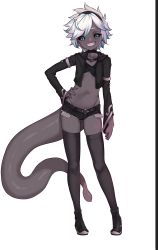 Rule 34 | 1girl, absurdres, black footwear, black sclera, black shorts, black skin, black thighhighs, blue hair, boots, collarbone, colored sclera, colored skin, commission, crop top, demon girl, demon tail, full body, grin, hand on own hip, high heel boots, high heels, highres, looking at viewer, micro shorts, monster girl, navel, original, parted lips, sharp teeth, short hair, shorts, smile, solo, spiked hair, tail, teeth, thighhighs, todding, tomboy, white hair