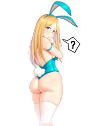 Rule 34 | 1girl, absurdres, animal ears, armlet, artist name, ass, blonde hair, blue eyes, blush, breasts, commentary, crossed arms, danfer3, fake animal ears, highres, leotard, looking at viewer, looking back, medium breasts, original, playboy bunny, rabbit ears, rabbit tail, simple background, skindentation, solo, strapless, strapless leotard, tail, thick thighs, thighhighs, thighs, white background, white thighhighs
