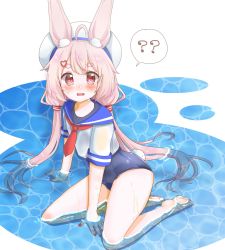 Rule 34 | 1girl, ?, ahoge, animal ear fluff, animal ears, barefoot, blush, commentary request, hair ornament, hairclip, hat, highres, kneeling, long hair, looking at viewer, low twintails, one-piece swimsuit, open mouth, partially submerged, pink eyes, pink hair, rabbit ears, rabbit tail, school swimsuit, school uniform, serafuku, shirt, solo, spoken question mark, swimsuit, tail, tanikake yoku, thighs, tomari mari, tomari mari channel, twintails, very long hair, virtual youtuber, water, wet, wet clothes, wet shirt, white hat, white shirt