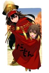 Rule 34 | 1boy, 1girl, :d, black hair, blonde hair, blush, blush stickers, brown hair, cape, child, commentary request, echo (circa), family crest, fate/grand order, fate (series), hair between eyes, hair tie, hat, holding, holding cape, holding clothes, long hair, looking at another, multicolored hair, oda nobunaga (fate), oda nobunaga (koha-ace), oda uri, open mouth, peaked cap, red cape, red eyes, shusha (fate), sidelocks, smile, standing, teeth, two-tone hair, very long hair, yellow eyes