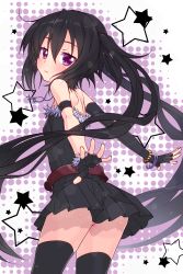 Rule 34 | 1girl, armlet, ass, bare shoulders, belt, black dress, black gloves, black hair, black thighhighs, blush, borrowed character, bracelet, dress, fingerless gloves, from behind, gloves, highres, jewelry, k10k, long hair, looking at viewer, looking back, necklace, note-chan, original, purple eyes, smile, solo, thighhighs, twintails, very long hair