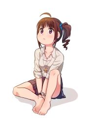 Rule 34 | 10s, :&lt;, ahoge, barefoot, blush, brown hair, closed mouth, collarbone, drill hair, feet, full body, highres, idolmaster, idolmaster million live!, jewelry, kamille (vcx68), looking away, necklace, purple eyes, scrunchie, short hair, sitting, solo, star (symbol), star necklace, wrist scrunchie, yokoyama nao