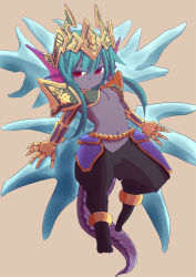 Rule 34 | 1girl, armor, blue hair, dark skin, fins, frost demon (p&amp;d), head fins, highres, horns, monster girl, puzzle &amp; dragons, red eyes, tail, wings